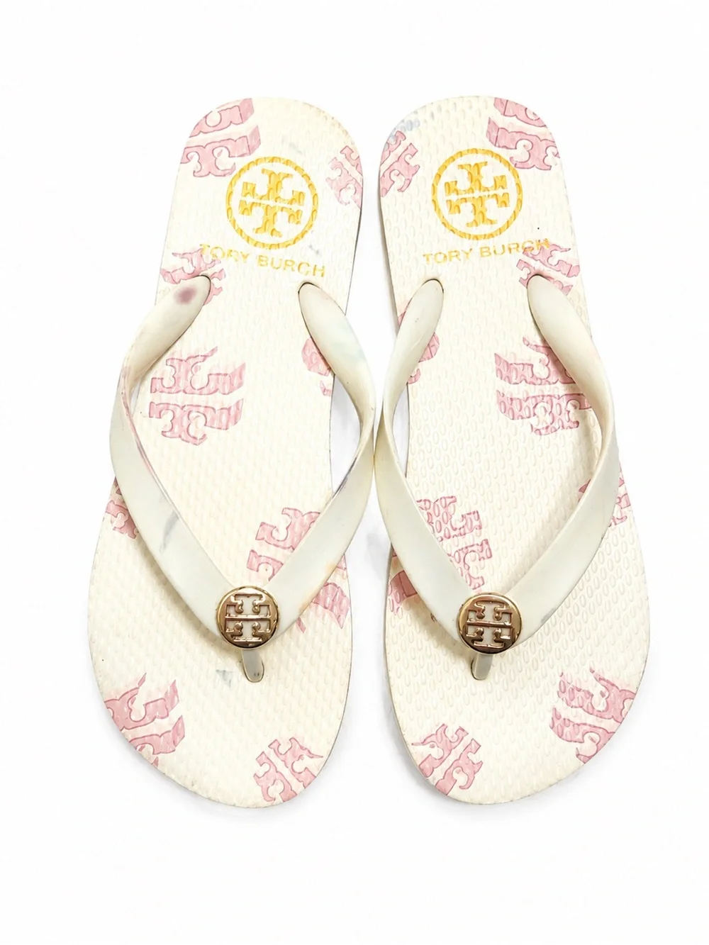 Tory Burch Cream Flip Flops with Pink Logo and Gold Medallion size 6